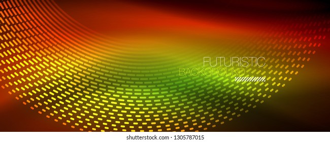 Glowing light particles in dark neon space, magic glow shiny abstract background. Vector design