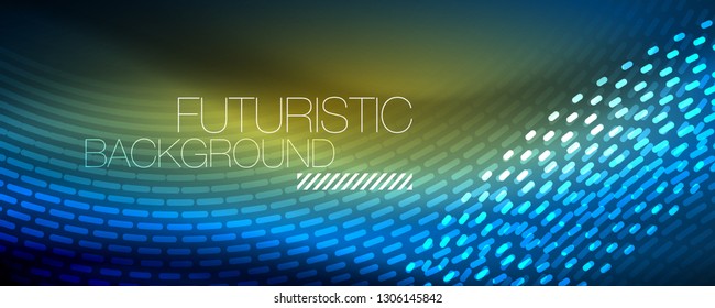 Partículas de luz brillantes en el espacio de neón oscuro, fondo abstracto brillante mágico. Diseño de vectores