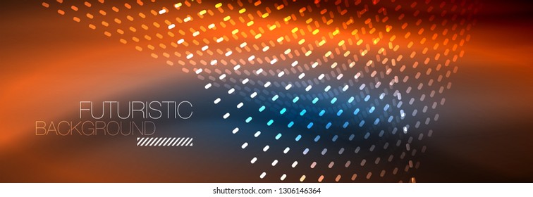 Glowing light particles in dark neon space, magic glow shiny abstract background. Vector design