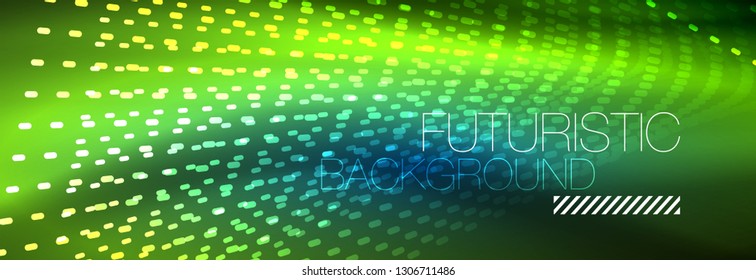 Glowing light particles in dark neon space, magic glow shiny abstract background. Vector design