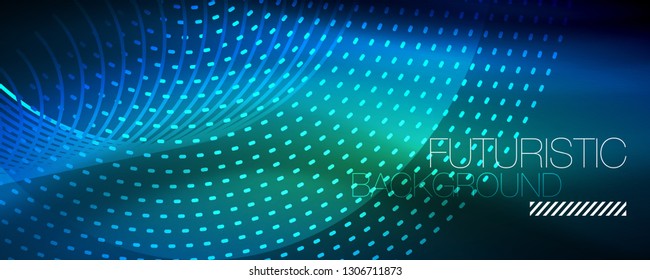 Partículas de luz brillantes en el espacio de neón oscuro, fondo abstracto brillante mágico. Diseño de vectores