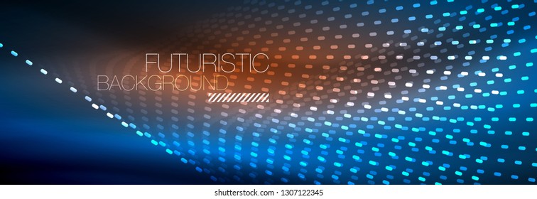 Partículas de luz brillantes en el espacio de neón oscuro, fondo abstracto brillante mágico. Diseño de vectores