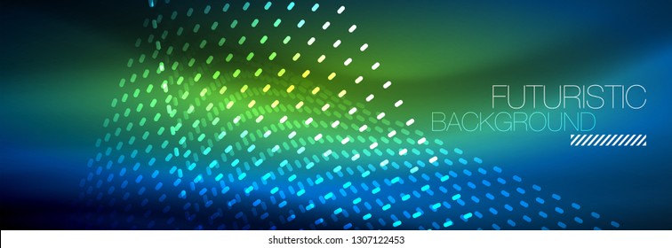 Glowing light particles in dark neon space, magic glow shiny abstract background. Vector design