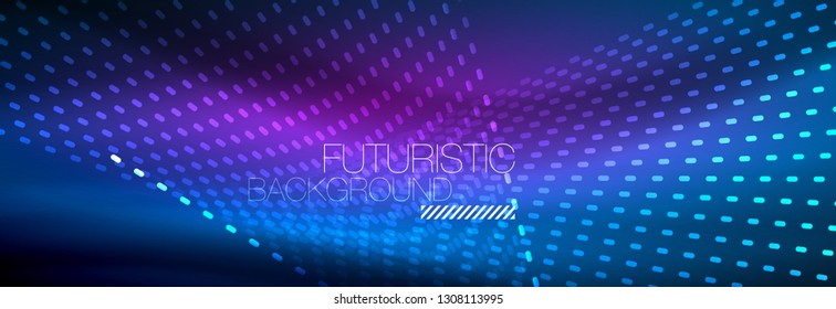 Glowing light particles in dark neon space, magic glow shiny abstract background. Vector design