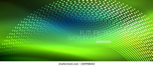 Partículas de luz brillantes en el espacio de neón oscuro, fondo abstracto brillante mágico. Diseño de vectores