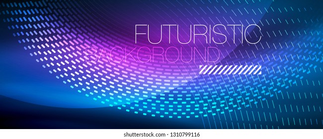 Partículas de luz brillantes en el espacio de neón oscuro, fondo abstracto brillante mágico. Diseño de vectores