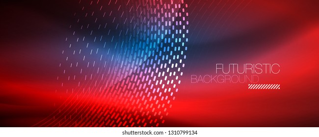 Partículas de luz brillantes en el espacio de neón oscuro, fondo abstracto brillante mágico. Diseño de vectores