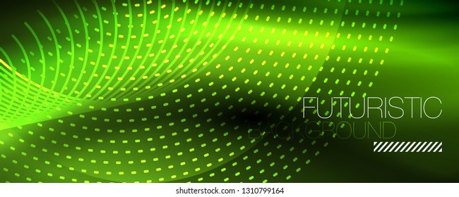 Partículas de luz brillantes en el espacio de neón oscuro, fondo abstracto brillante mágico. Diseño de vectores