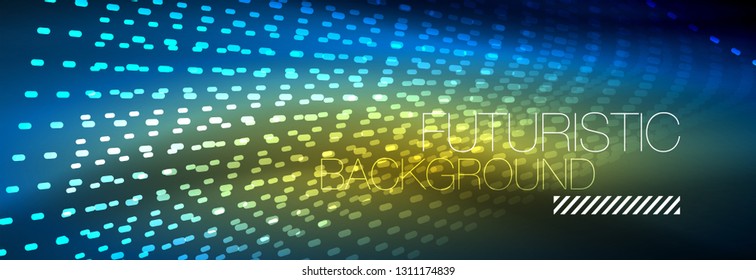 Glowing light particles in dark neon space, magic glow shiny abstract background. Vector design