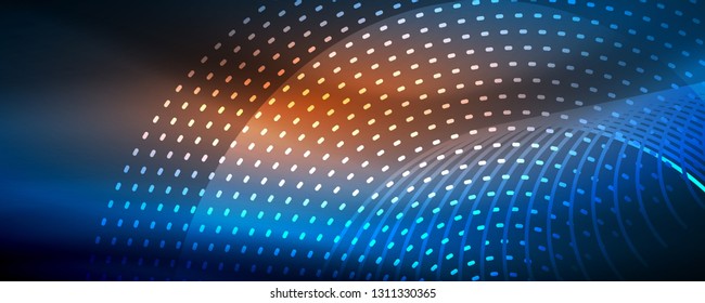 Glowing light particles in dark neon space, magic glow shiny abstract background. Vector design