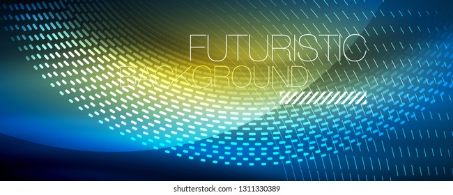 Partículas de luz brillantes en el espacio de neón oscuro, fondo abstracto brillante mágico. Diseño de vectores