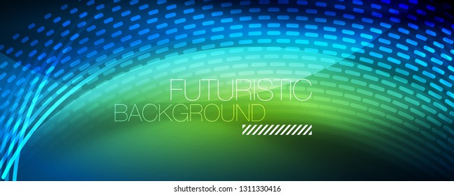Glowing light particles in dark neon space, magic glow shiny abstract background. Vector design