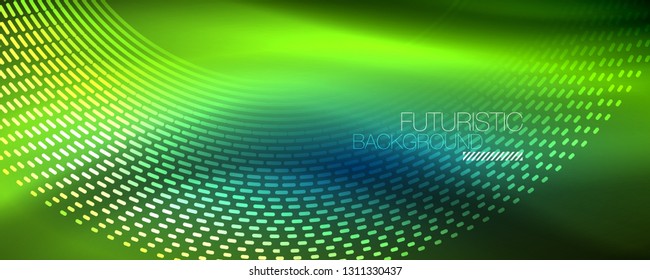 Glowing light particles in dark neon space, magic glow shiny abstract background. Vector design
