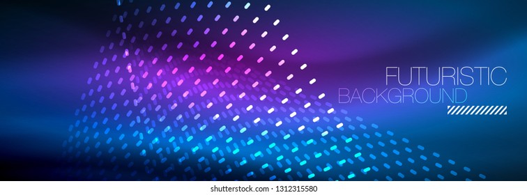 Partículas de luz brillantes en el espacio de neón oscuro, fondo abstracto brillante mágico. Diseño de vectores