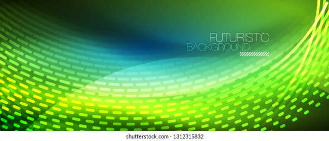 Partículas de luz brillantes en el espacio de neón oscuro, fondo abstracto brillante mágico. Diseño de vectores