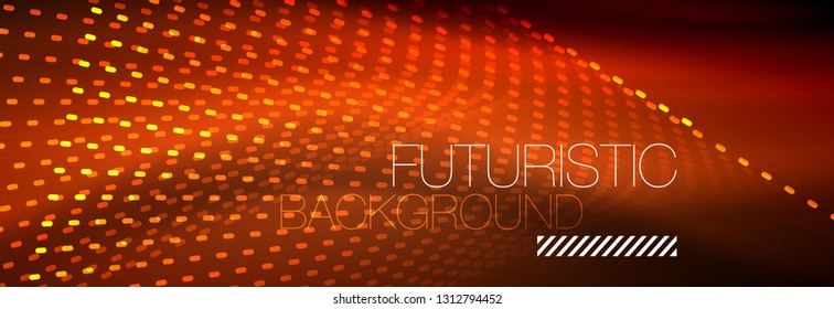 Partículas de luz brillantes en el espacio de neón oscuro, fondo abstracto brillante mágico. Diseño de vectores