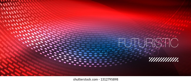 Partículas de luz brillantes en el espacio de neón oscuro, fondo abstracto brillante mágico. Diseño de vectores
