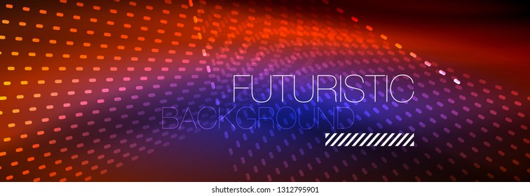 Glowing light particles in dark neon space, magic glow shiny abstract background. Vector design