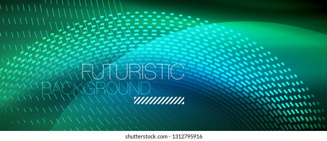 Partículas de luz brillantes en el espacio de neón oscuro, fondo abstracto brillante mágico. Diseño de vectores