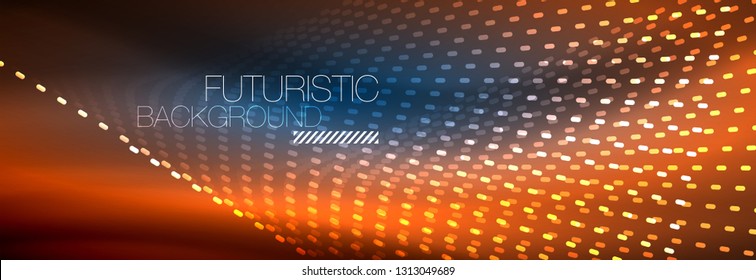 Partículas luminosas brilhantes no espaço neônico escuro, fundo abstrato brilhante e brilhante. Design vetorial