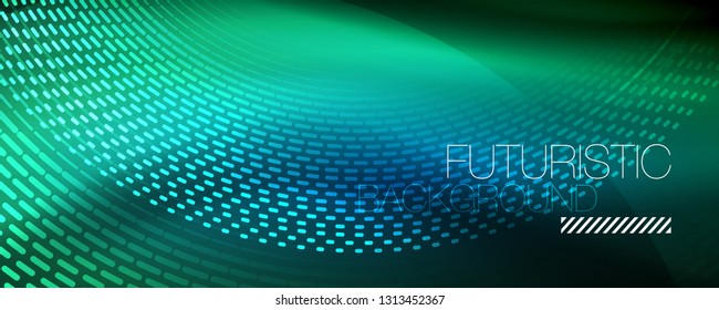 Partículas de luz brillantes en el espacio de neón oscuro, fondo abstracto brillante mágico. Diseño de vectores