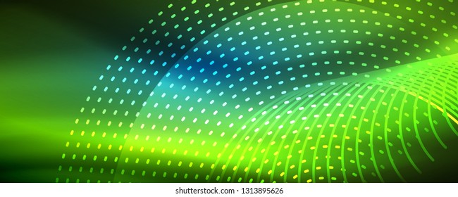 Glowing light particles in dark neon space, magic glow shiny abstract background. Vector design