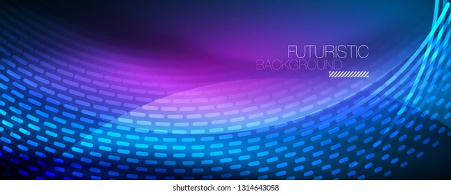 Glowing light particles in dark neon space, magic glow shiny abstract background. Vector design