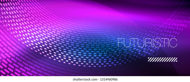 Glowing light particles in dark neon space, magic glow shiny abstract background. Vector design