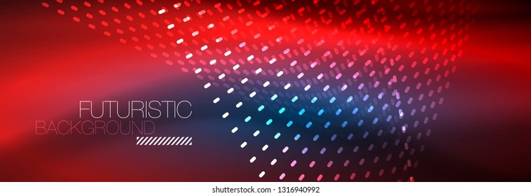 Glowing light particles in dark neon space, magic glow shiny abstract background. Vector design