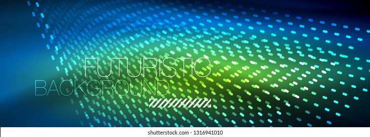 Partículas de luz brillantes en el espacio de neón oscuro, fondo abstracto brillante mágico. Diseño de vectores