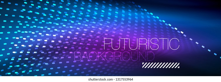 Partículas de luz brillantes en el espacio de neón oscuro, fondo abstracto brillante mágico. Diseño de vectores