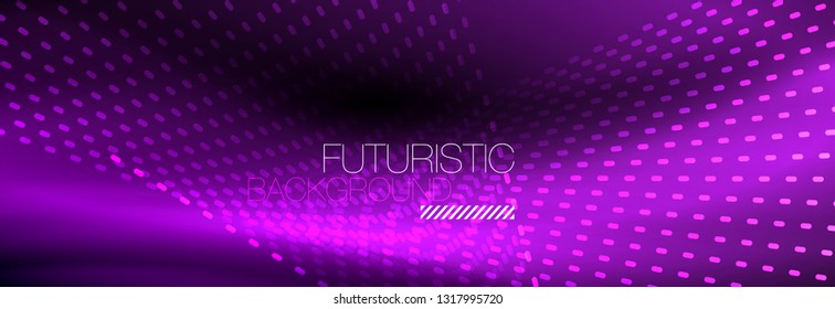 Partículas de luz brillantes en el espacio de neón oscuro, fondo abstracto brillante mágico. Diseño de vectores