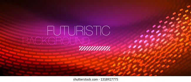 Partículas de luz brillantes en el espacio de neón oscuro, fondo abstracto brillante mágico. Diseño de vectores