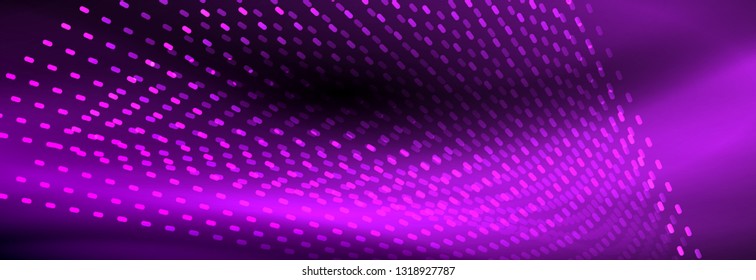 Partículas de luz brillantes en el espacio de neón oscuro, fondo abstracto brillante mágico. Diseño de vectores