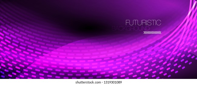 Glowing light particles in dark neon space, magic glow shiny abstract background. Vector design