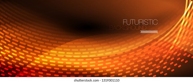 Glowing light particles in dark neon space, magic glow shiny abstract background. Vector design