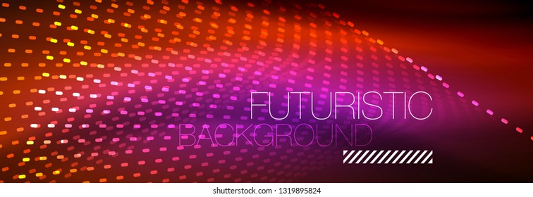 Partículas de luz brillantes en el espacio de neón oscuro, fondo abstracto brillante mágico. Diseño de vectores