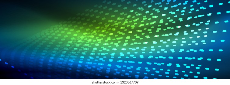Glowing light particles in dark neon space, magic glow shiny abstract background. Vector design