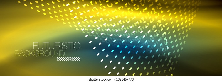 Glowing light particles in dark neon space, magic glow shiny abstract background. Vector design