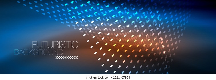 Partículas de luz brillantes en el espacio de neón oscuro, fondo abstracto brillante mágico. Diseño de vectores