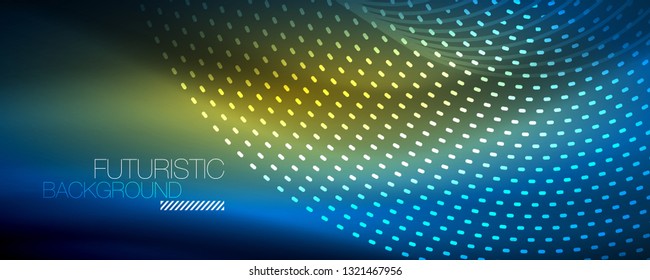 Glowing light particles in dark neon space, magic glow shiny abstract background. Vector design