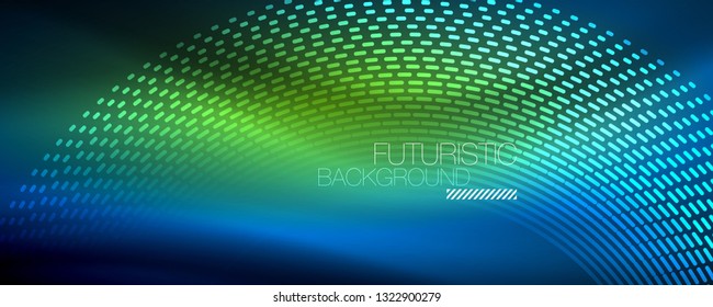 Glowing light particles in dark neon space, magic glow shiny abstract background. Vector design