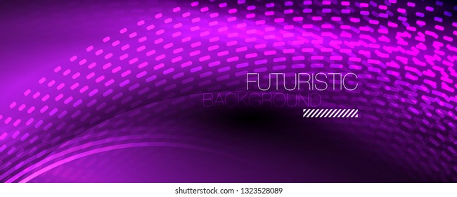 Glowing light particles in dark neon space, magic glow shiny abstract background. Vector design