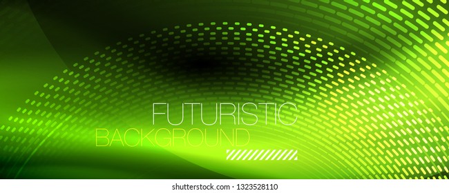 Partículas de luz brillantes en el espacio de neón oscuro, fondo abstracto brillante mágico. Diseño de vectores