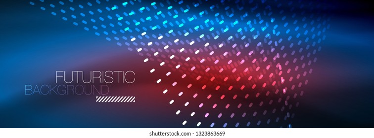 Glowing light particles in dark neon space, magic glow shiny abstract background. Vector design