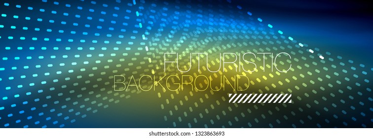 Partículas de luz brillantes en el espacio de neón oscuro, fondo abstracto brillante mágico. Diseño de vectores