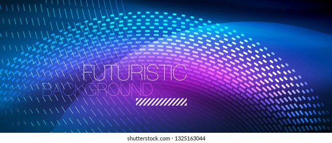 Partículas de luz brillantes en el espacio de neón oscuro, fondo abstracto brillante mágico. Diseño de vectores