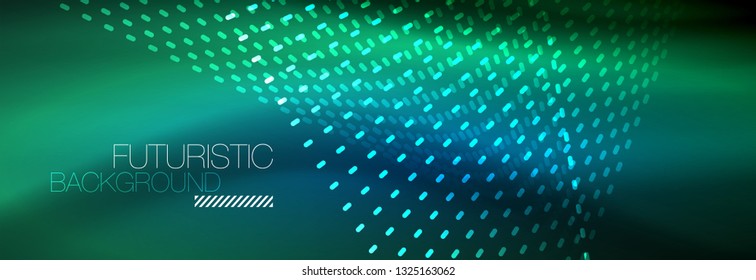 Glowing light particles in dark neon space, magic glow shiny abstract background. Vector design