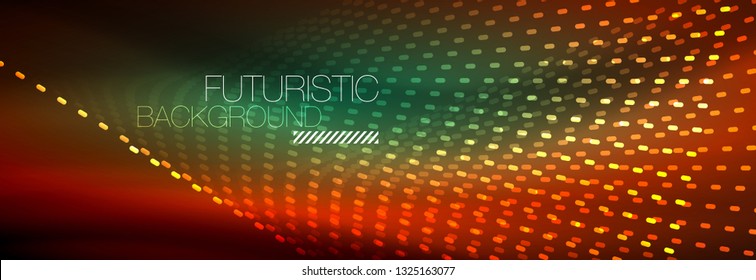 Partículas de luz brillantes en el espacio de neón oscuro, fondo abstracto brillante mágico. Diseño de vectores