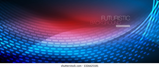 Glowing light particles in dark neon space, magic glow shiny abstract background. Vector design